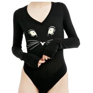 Wildfox Black Cat Face Graphic Bodysuit Long Sleeve Stretch V Neck Y2K Goth M